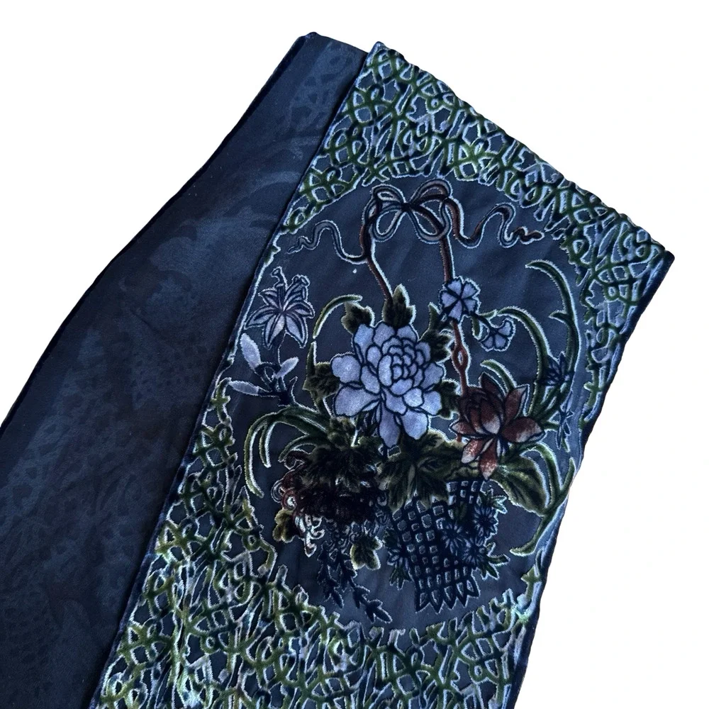 Cejon Dark Floral Velvet Silk Whimsigoth Burnout Fairy Romantic Scarf 7.5x56